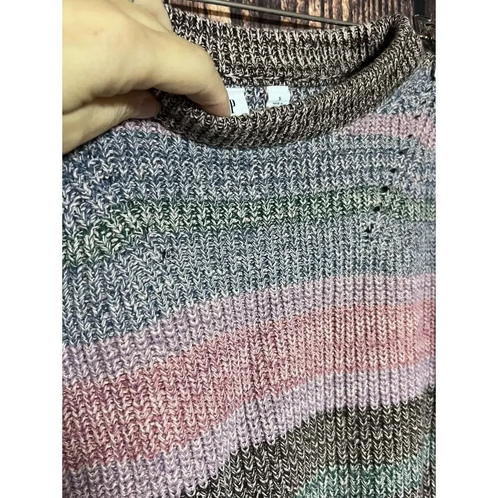 Gap Kids Girl Sweater Sz 6 7 Knit Neutral Long Sleeves Stripped Cotton Crew